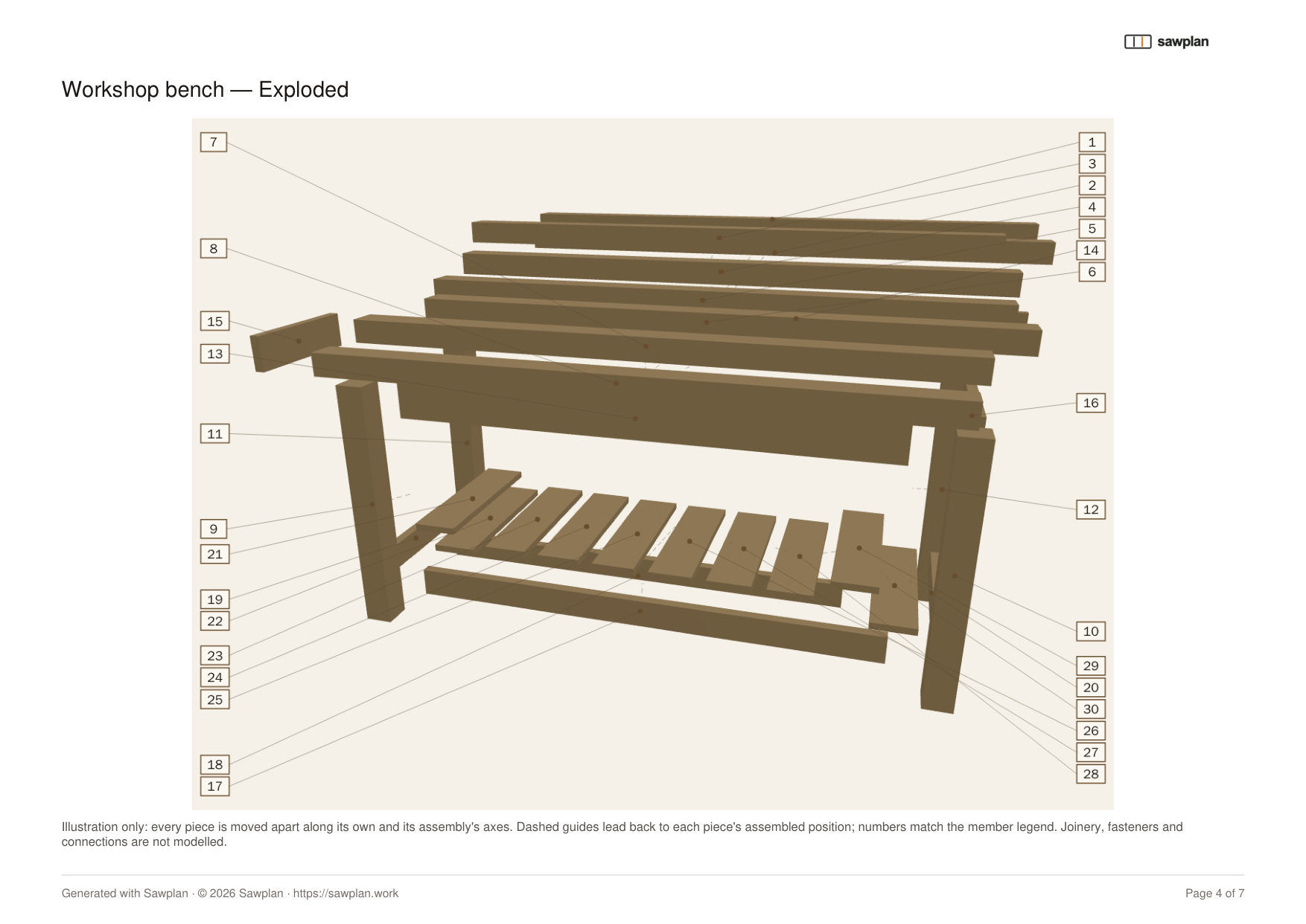 Exploded view page from the workbench PDF export, with every timber member numbered for the member legend.