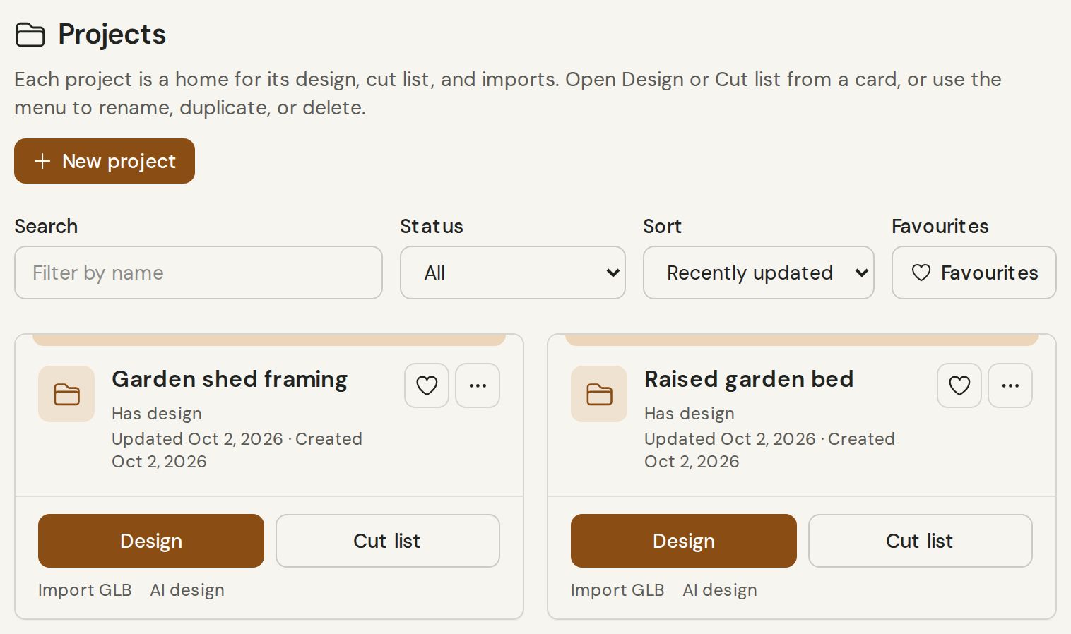 Sawplan projects page with search, status, sort and favourite filters above project cards with Design and Cut list buttons.