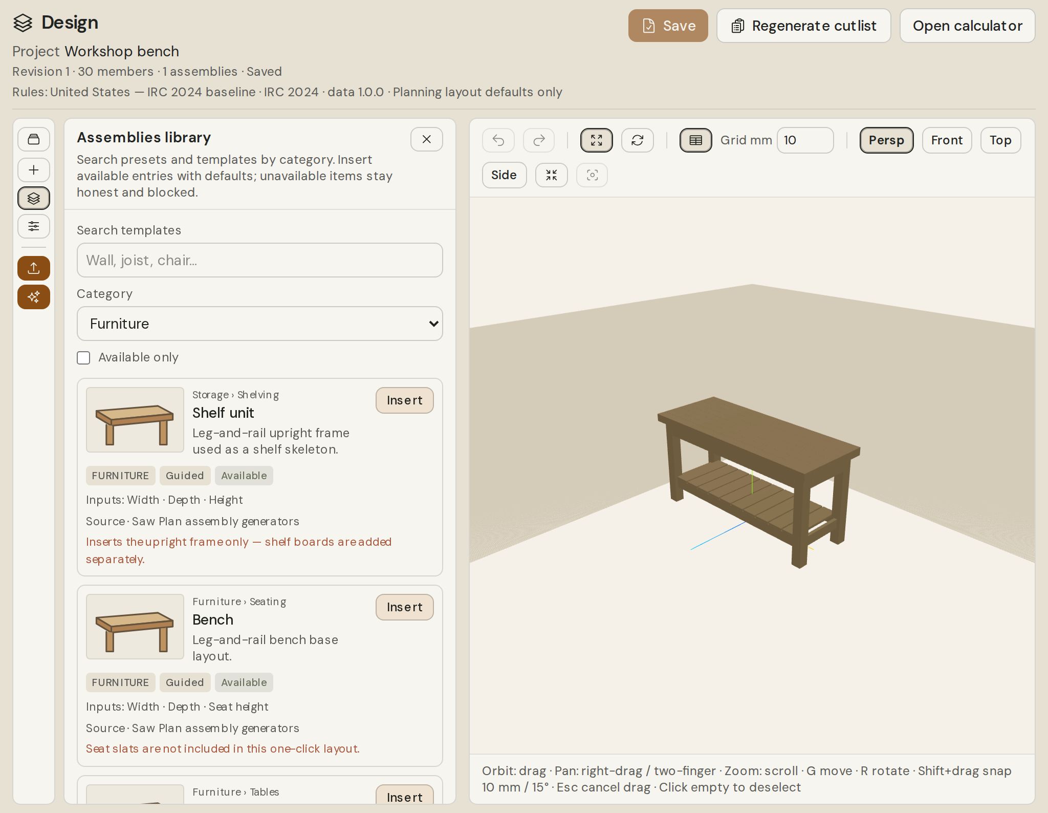 Assemblies library open beside the 3D editor, filtered to furniture templates, with the sample workbench in the viewport.