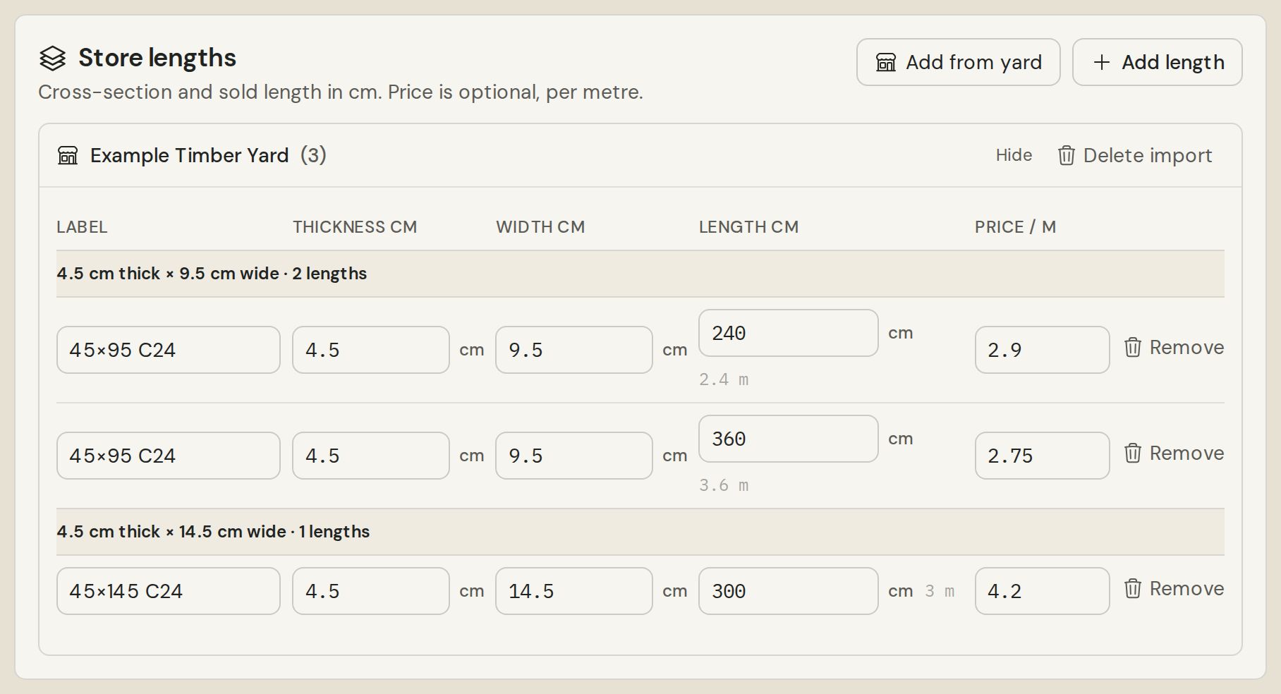 Project store lengths with three lengths copied from Example Timber Yard, grouped by cross-section with a price per metre.