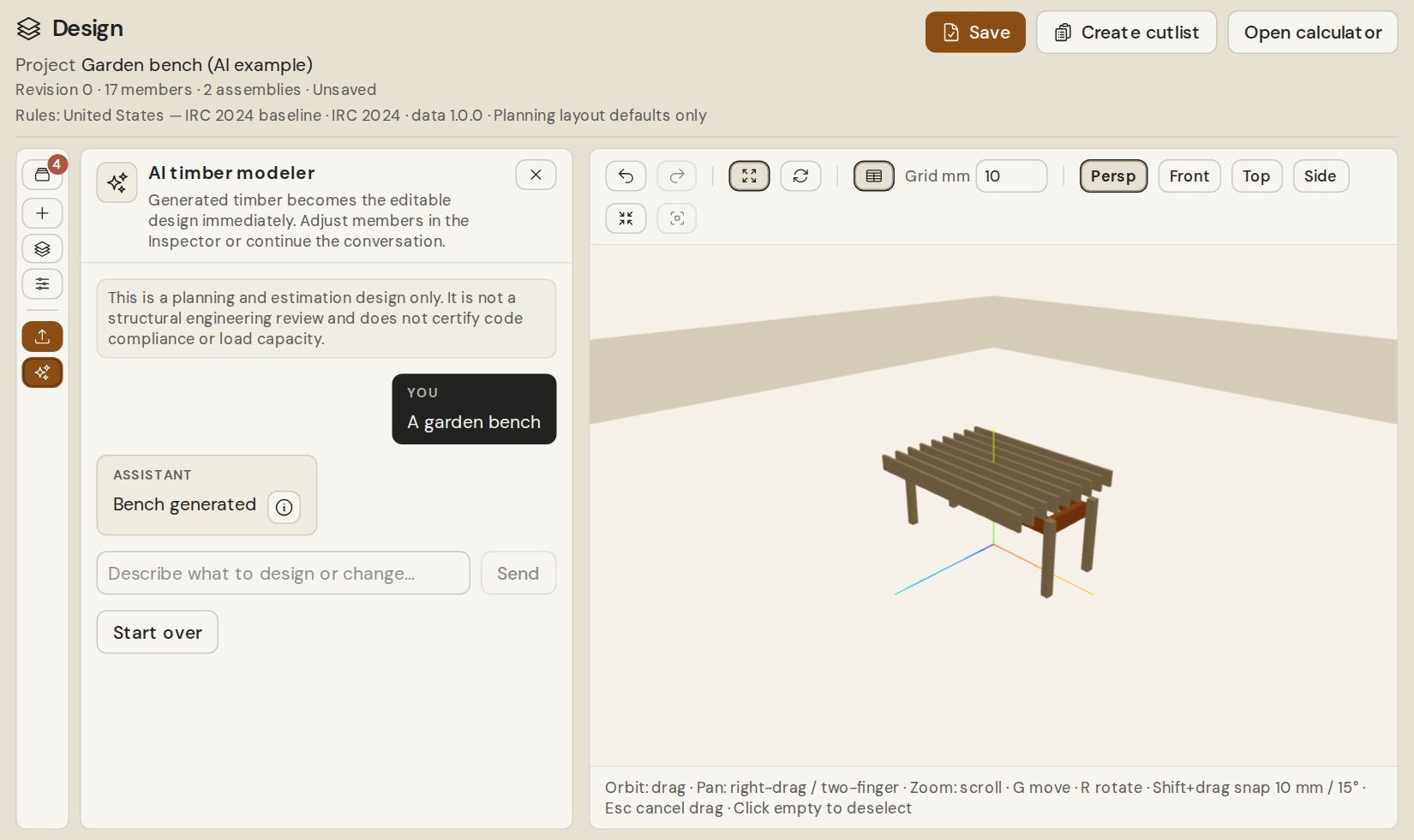 AI design panel with the prompt "A garden bench" and the generated bench model in the 3D editor.