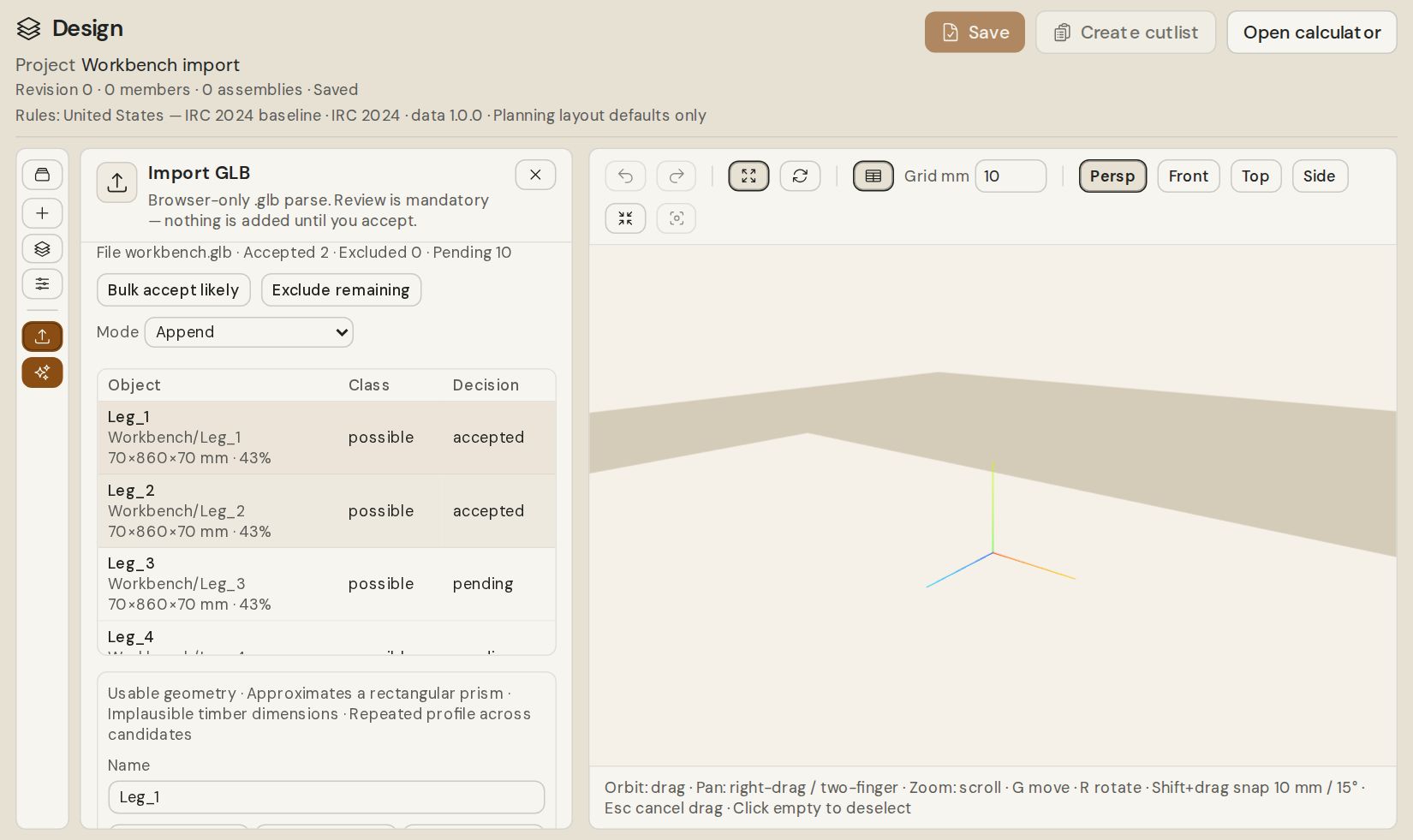 Sawplan GLB import review listing the pieces found in a workbench file with their sizes, class and decision.