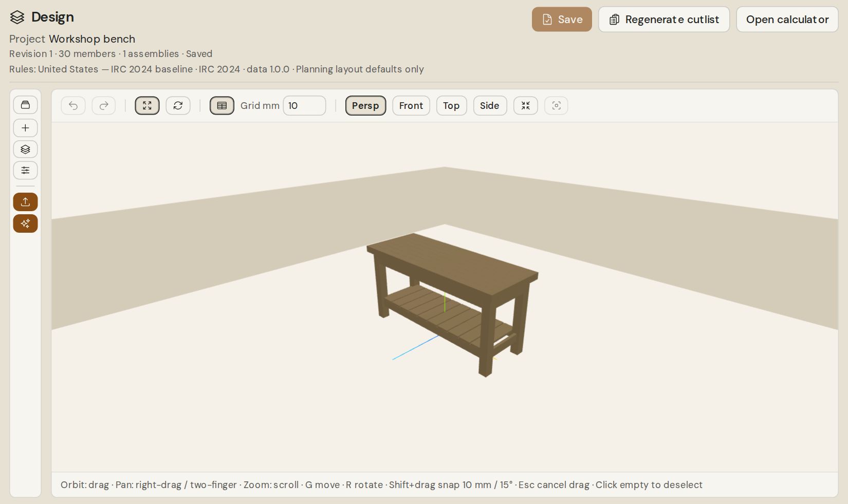 Workbench assembly in the Sawplan 3D editor, with the design tool rail and view controls.
