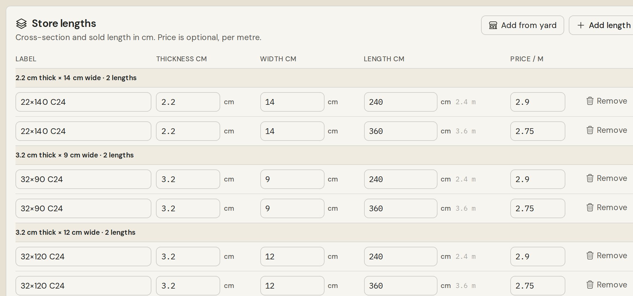 Store lengths table grouped by cross-section, with 240 and 360 cm lengths and a price per metre for each.