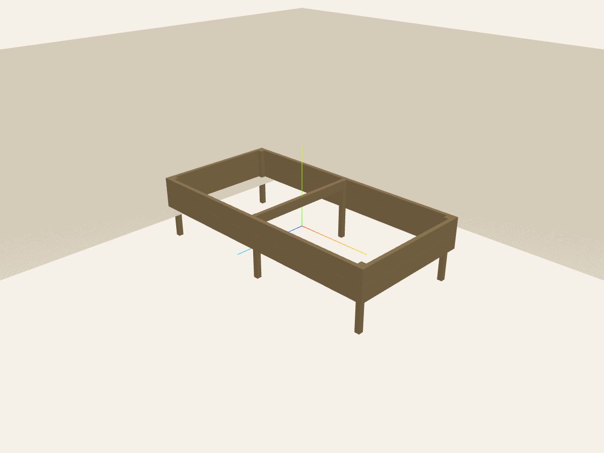Timber raised garden bed with board sides, a centre spreader and stakes reaching below ground, in the Sawplan 3D editor.