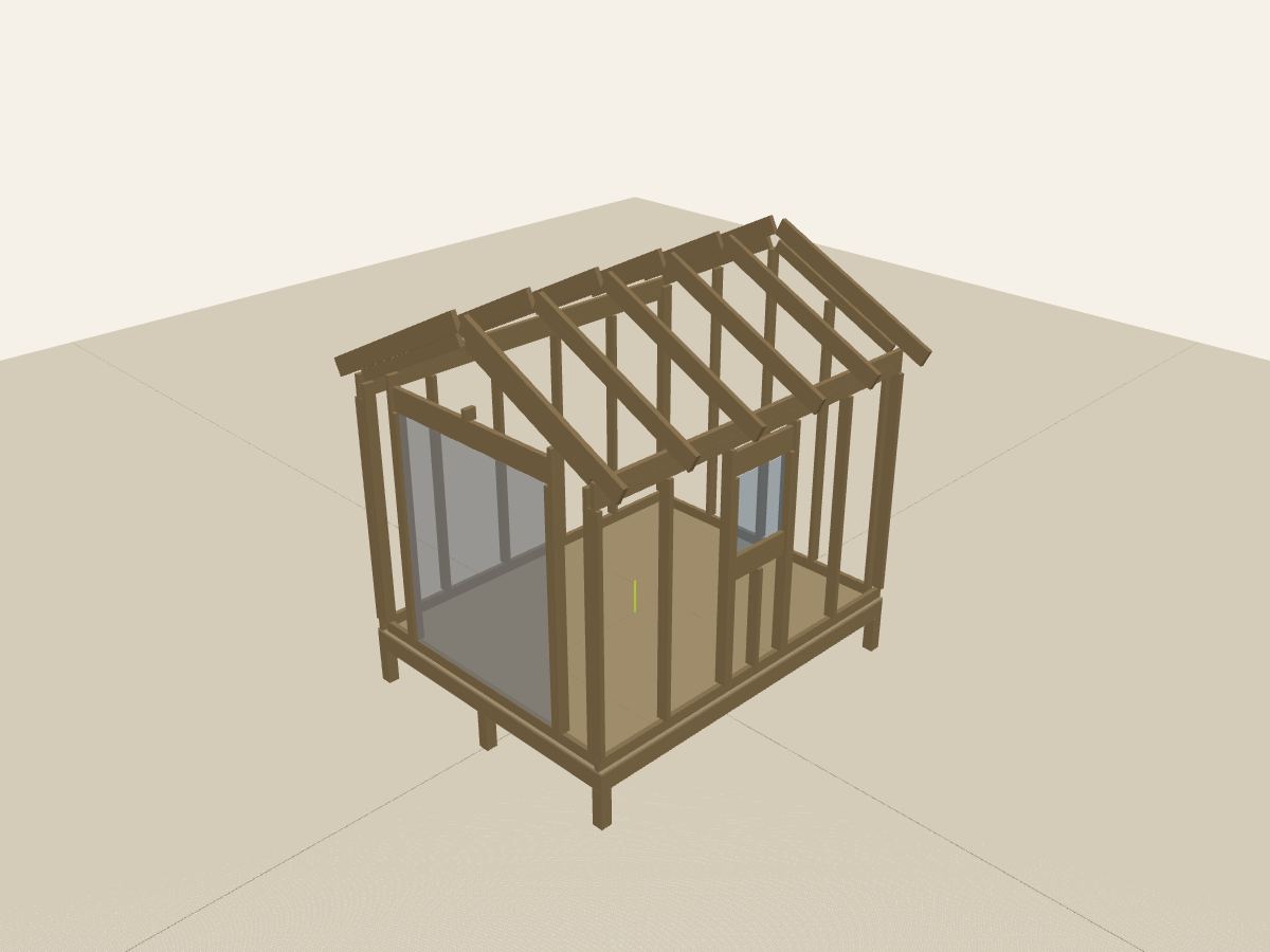 Timber framing model of a gable garden shed with a door and window opening in the Sawplan 3D editor.