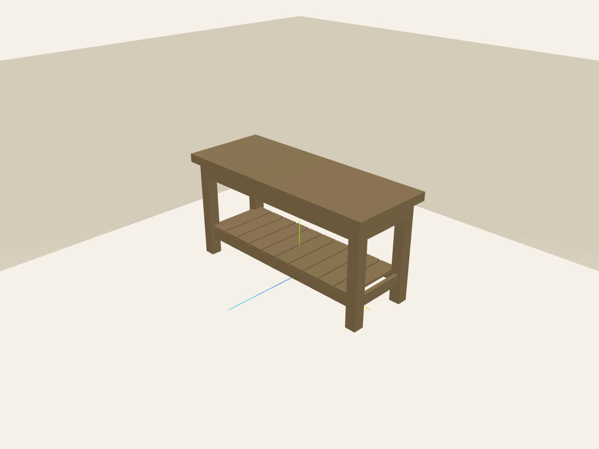 Timber workbench model with a slatted lower shelf in the Sawplan 3D editor.